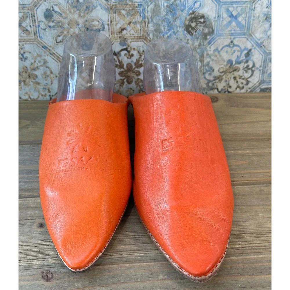 Es Saadi Moroccan Babouche Leather Mules Slides Mens 8 Orange Excellent